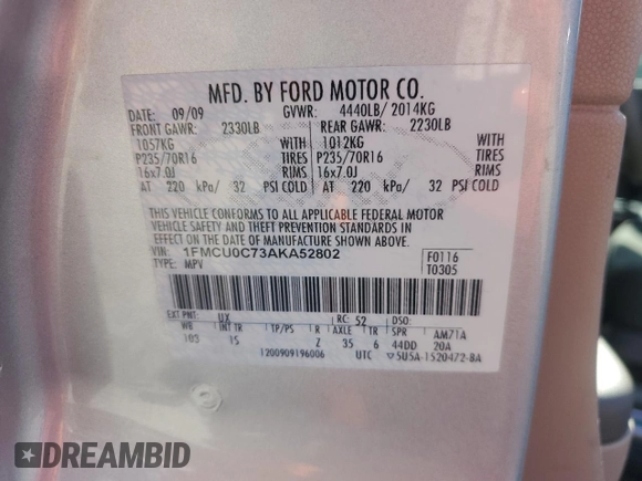 2010 Ford Escape XLS with VIN 1FMCU0C73AKA52802, listed as a Copart auction lot 60100185 with 141,541 mi miles and Clean title. Bid and sale history available at DreamBid. Image 13.