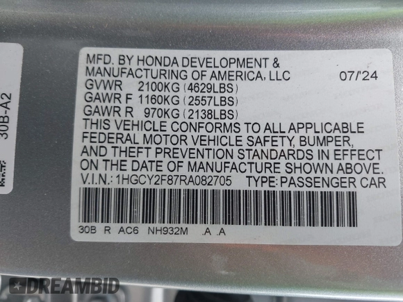 2024 Honda Accord Touring z VIN 1HGCY2F87RA082705, wystawiony jako IAAI lot #42194619 z przebiegiem 7 896 mil mil oraz . Historia ofert i sprzedaży dostępna na DreamBid. Obrazek 9.