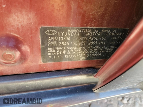 2004 Hyundai Santa Fe with VIN KM8SB12B74U770505, listed as a Copart auction lot 62756304 with 0 mi miles and Salvage Title. Bid and sale history available at carsss.com. Image 12.