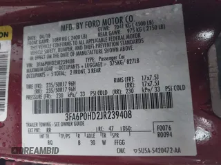 2018 Ford Fusion SE with VIN 3FA6P0HD2JR239408, listed as a IAAI auction lot 40846529 with 56,451 mi miles. Bid and sale history available at carsss.com. Image 9.
