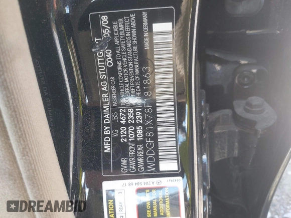 2008 Mercedes-Benz C 300 Sport with VIN WDDGF81X78F181863, listed as a IAAI auction lot 42651494 with 143,058 mi miles and . Bid and sale history available at DreamBid. Image 9.
