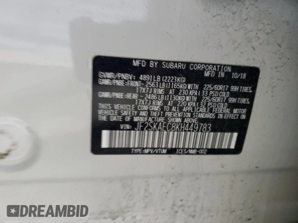 2019 Subaru Forester Premium with VIN JF2SKAEC8KH449783, listed as a Copart auction lot 48060885 with 62,117 mi miles and Salvage Title. Bid and sale history available at carsss.com. Image 13.