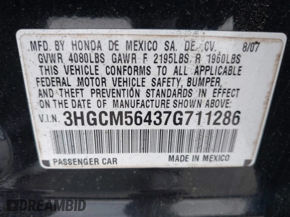 2007 Honda Accord LX with VIN 3HGCM56437G711286, listed as a IAAI auction lot 42601346 with 239,472 mi miles and . Bid and sale history available at DreamBid. Image 9.