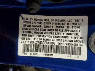 2016 Honda Civic Sedan LX with VIN 19XFC2F53GE033396, listed as a Copart auction lot 49387655 with 180,347 mi miles and Clean Title. Bid and sale history available at carsss.com. Image 12.