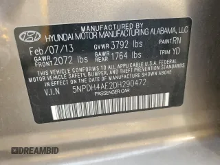 2013 Hyundai Elantra Limited with VIN 5NPDH4AE2DH290472, listed as a Copart auction lot 52354955 with 52,680 mi miles and Salvage Title. Bid and sale history available at DreamBid. Image 12.