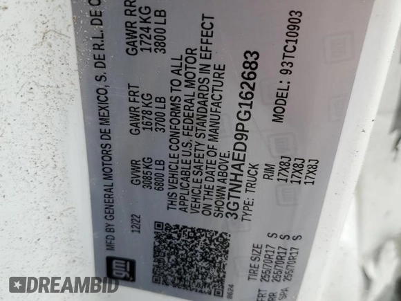 2023 GMC Sierra 1500 with VIN 3GTNHAED9PG162683, listed as a Copart auction lot 43262795 with Not Provided miles and Salvage Title. Bid and sale history available at DreamBid. Image 13.