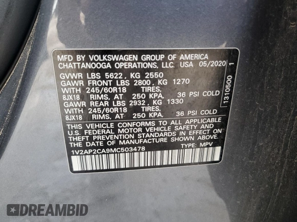 2021 Volkswagen Atlas S with VIN 1V2AP2CA9MC503478, listed as a Copart auction lot 73051284 with 51,140 mi miles and Salvage title. Bid and sale history available at DreamBid. Image 13.