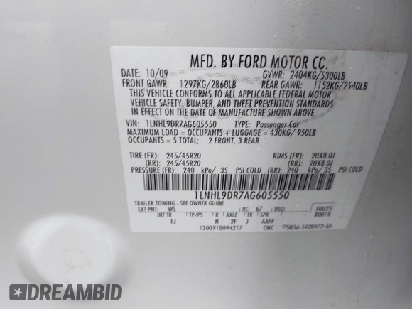 2010 Lincoln MKS with VIN 1LNHL9DR7AG605550, listed as a IAAI auction lot 41209341 with 160,000 mi miles and . Bid and sale history available at DreamBid. Image 9.