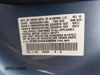 2010 Honda Odyssey EX-L with VIN 5FNRL3H69AB088994, listed as a IAAI auction lot 42007982 with 187,180 mi miles and . Bid and sale history available at DreamBid. Image 9.