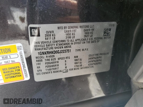 2016 Chevrolet Traverse LT z VIN 1GNKRHKD6GJ223751, wystawiony jako Copart lot #52703075 z przebiegiem 184 009 mil mil oraz Szkoda całkowita • Salvage title. Historia ofert i sprzedaży dostępna na DreamBid. Obrazek 13.