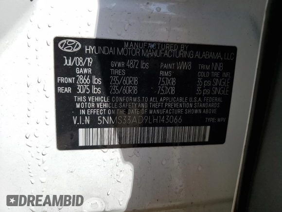 2020 Hyundai Santa Fe SEL with VIN 5NMS33AD9LH143066, listed as a Copart auction lot 51484095 with 121,858 mi miles and Salvage Title. Bid and sale history available at carsss.com. Image 14.