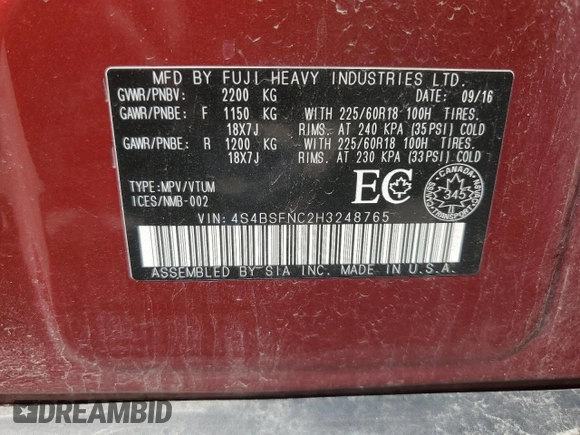 2017 Subaru Outback Limited with VIN 4S4BSFNC2H3248765, listed as a Copart auction lot 59265145 with 136,966 mi miles and Salvage title. Bid and sale history available at DreamBid. Image 14.