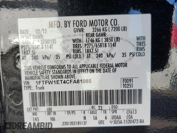 2012 Ford F-150 XL with VIN 1FTFW1ET4CFA81085, listed as a Copart auction lot 42703985 with 242,233 mi miles and Salvage Title. Bid and sale history available at carsss.com. Image 12.