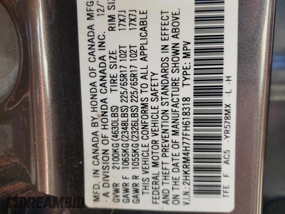 2015 Honda CR-V EX-L with VIN 2HKRM4H77FH618318, listed as a Copart auction lot 41526095 with 78,199 mi miles and Salvage Title. Bid and sale history available at DreamBid. Image 13.