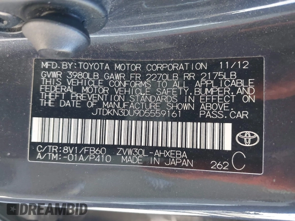 2013 Toyota Prius One with VIN JTDKN3DU9D5559161, listed as a IAAI auction lot 41995781 with 195,694 mi miles. Bid and sale history available at carsss.com. Image 9.
