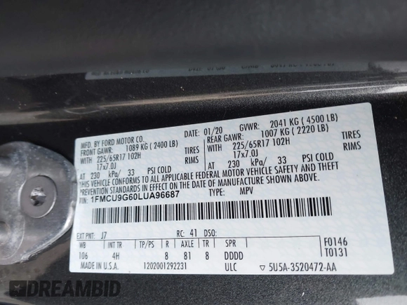 2020 Ford Escape SE с VIN 1FMCU9G60LUA96687, выставлен на аукционе IAAI как лот 41219260 с пробегом Не указан миль и . История ставок и продаж доступна на DreamBid. Изображение 9.