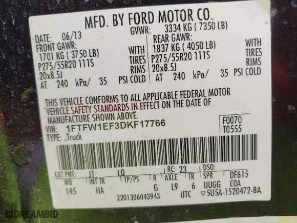 2013 Ford F-150 XL with VIN 1FTFW1EF3DKF17766, listed as a IAAI auction lot 41489124 with 276,816 mi miles. Bid and sale history available at carsss.com. Image 9.