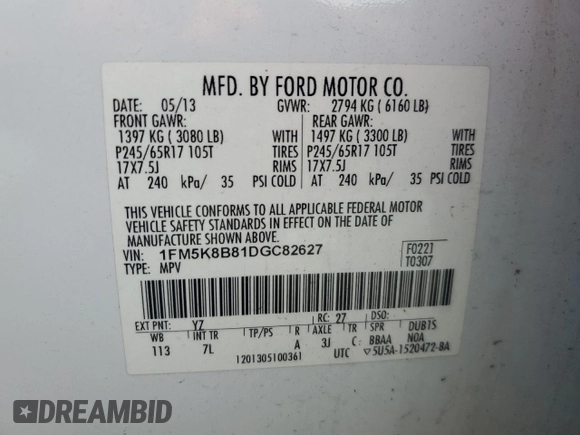 2013 Ford Explorer with VIN 1FM5K8B81DGC82627, listed as a Copart auction lot 48027605 with 201,943 mi miles and Clean Title. Bid and sale history available at carsss.com. Image 13.