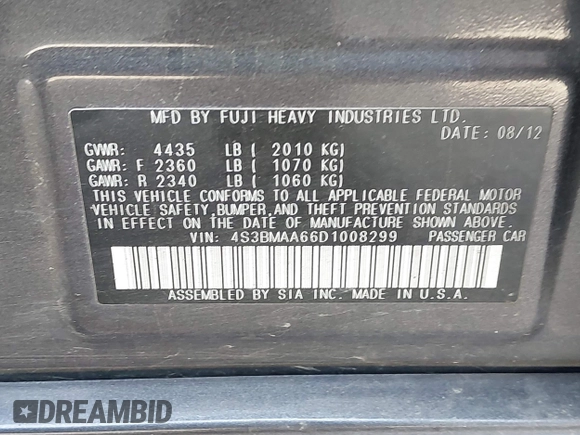 2013 Subaru Legacy 2.5i with VIN 4S3BMAA66D1008299, listed as a IAAI auction lot 42120277 with 82,651 mi miles and . Bid and sale history available at DreamBid. Image 9.