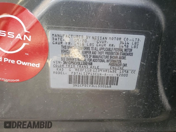2020 Nissan Kicks SV with VIN 3N1CP5CV3LL550168, listed as a Copart auction lot 85027744 with 73,188 mi miles and Non Repairable. Bid and sale history available at DreamBid. Image 12.