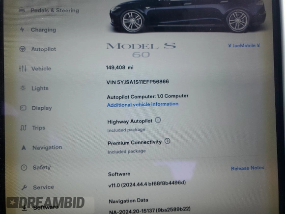 2014 Tesla Model S 60 with VIN 5YJSA1S11EFP56866, listed as a Copart auction lot 53020975 with 149,408 mi miles and Clean Title. Bid and sale history available at DreamBid. Image 9.