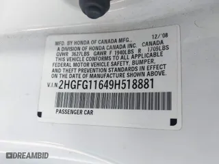 2009 Honda Civic Cpe LX with VIN 2HGFG11649H518881, listed as a IAAI auction lot 41388904 with 266,823 mi miles. Bid and sale history available at carsss.com. Image 9.