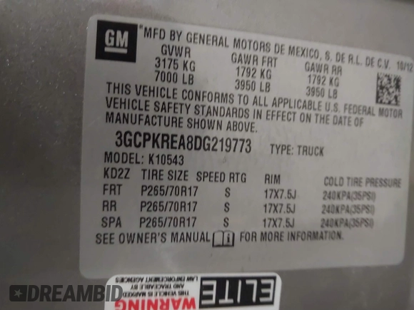 2013 Chevrolet Silverado 1500 LS with VIN 3GCPKREA8DG219773, listed as a IAAI auction lot 41436574 with 103,486 mi miles and . Bid and sale history available at DreamBid. Image 9.