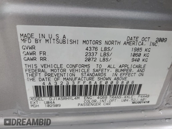 2010 Mitsubishi Galant ES with VIN 4A32B3FF8AE009806, listed as a Copart auction lot 84652244 with 166,687 mi miles and Salvage Title. Bid and sale history available at carsss.com. Image 13.