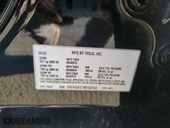 2022 Tesla Model Y Long Range with VIN 7SAYGAEE1NF562042, listed as a Copart auction lot 45702845 with 34,240 mi miles and Salvage Title. Bid and sale history available at carsss.com. Image 13.