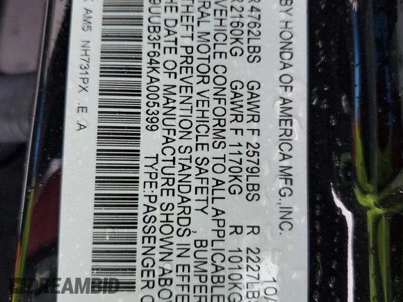 2019 Acura TLX w/A-Spec Pkg with VIN 19UUB3F64KA005399, listed as a Copart auction lot 55662635 with 52,434 mi miles and Salvage title. Bid and sale history available at DreamBid. Image 12.