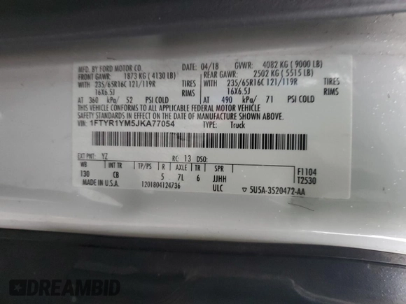 2018 Ford Transit with VIN 1FTYR1YM5JKA77054, listed as a Copart auction lot 81614404 with Not provided miles and Salvage title. Bid and sale history available at DreamBid. Image 13.