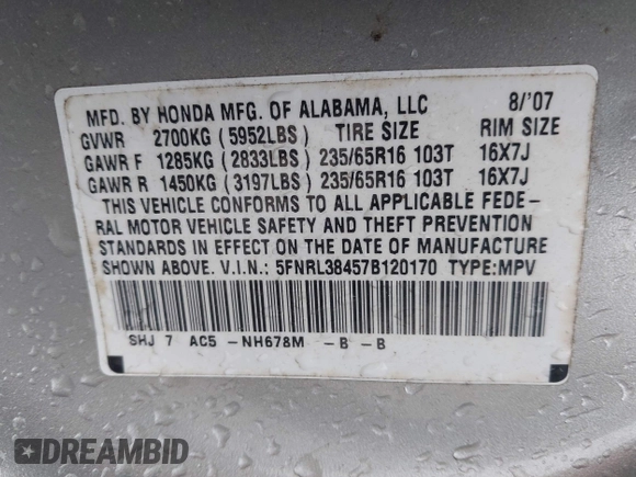 2007 Honda Odyssey EX with VIN 5FNRL38457B120170, listed as a IAAI auction lot 41960440 with 280,153 mi miles and . Bid and sale history available at DreamBid. Image 9.