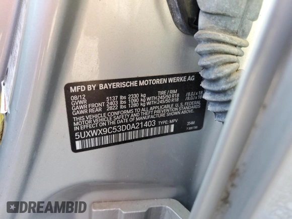 2013 BMW X3 xDrive28i with VIN 5UXWX9C53D0A21403, listed as a Copart auction lot 53545535 with 61,528 mi miles and Salvage Title. Bid and sale history available at carsss.com. Image 13.