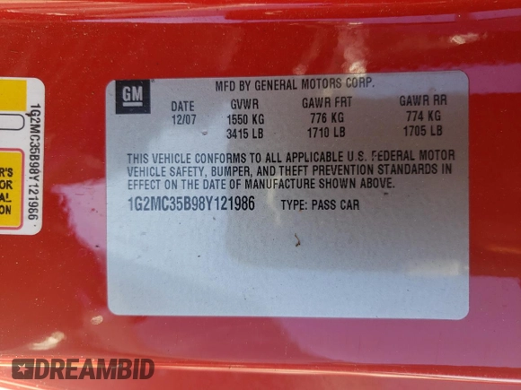 2008 Pontiac Solstice z VIN 1G2MC35B98Y121986, wystawiony jako Copart lot #43433635 z przebiegiem Nie podano mil oraz Szkody całkowita. Historia ofert i sprzedaży dostępna na DreamBid. Obrazek 13.