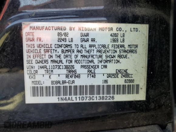 2003 Nissan Altima S with VIN 1N4AL11D73C138226, listed as a Copart auction lot 48662065 with 110,328 mi miles and Salvage Title. Bid and sale history available at carsss.com. Image 12.