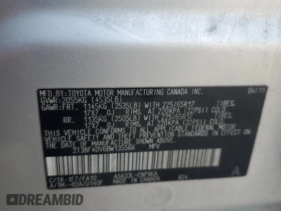 2011 Toyota RAV4 with VIN 2T3BF4DV6BW135566, listed as a Copart auction lot 43685975 with 87,820 mi miles and Salvage Title. Bid and sale history available at carsss.com. Image 13.