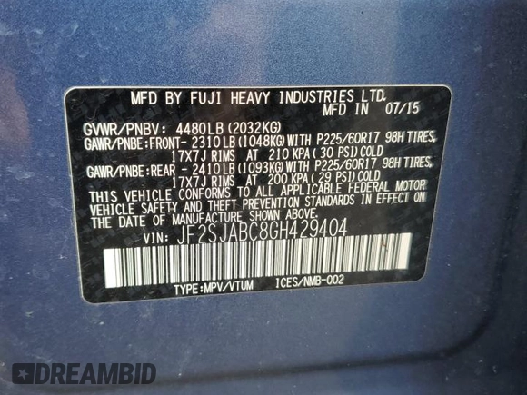 2016 Subaru Forester 2.5i z VIN JF2SJABC8GH429404, wystawiony jako Copart lot #57296715 z przebiegiem 113 215 mil mil oraz Szkoda całkowita • Salvage title. Historia ofert i sprzedaży dostępna na DreamBid. Obrazek 14.