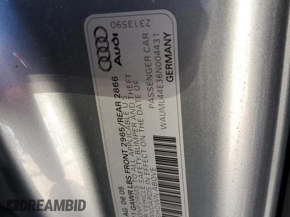 2006 Audi A8 4.2L z VIN WAUML44E36N004431, wystawiony jako Copart lot #81116244 z przebiegiem 164 191 mil mil oraz Nie do naprawy • Non repairable. Historia ofert i sprzedaży dostępna na DreamBid. Obrazek 12.