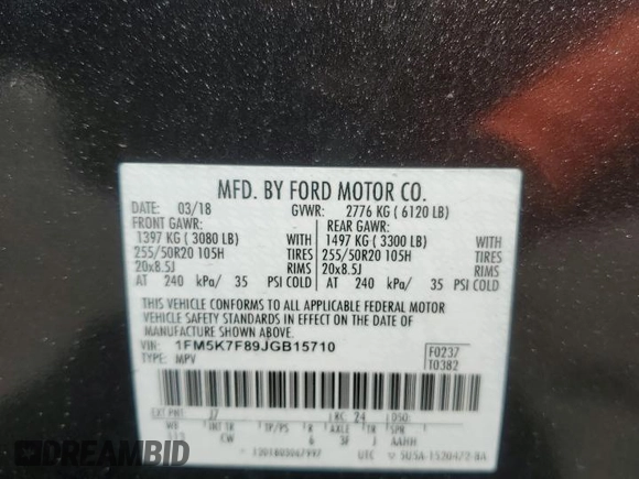 2018 Ford Explorer Limited with VIN 1FM5K7F89JGB15710, listed as a Copart auction lot 63499065 with 65,419 mi miles and Salvage title. Bid and sale history available at DreamBid. Image 13.