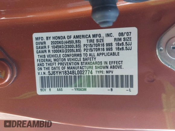 2008 Honda Element LX with VIN 5J6YH18348L002774, listed as a IAAI auction lot 41346872 with Not Provided miles and . Bid and sale history available at DreamBid. Image 9.