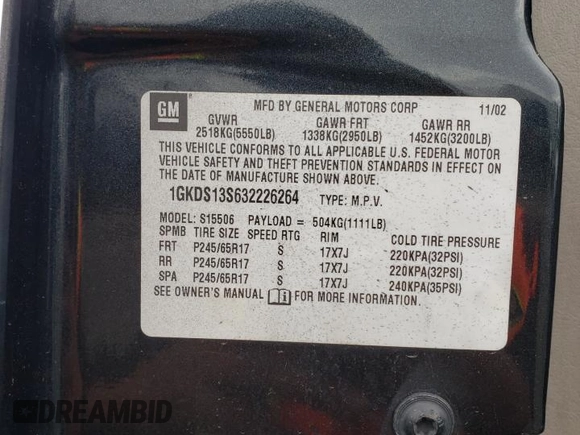 2003 GMC Envoy SLE with VIN 1GKDS13S632226264, listed as a Copart auction lot 82461694 with Not Provided miles and Clean Title. Bid and sale history available at carsss.com. Image 13.