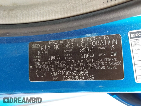 2005 Kia Spectra with VIN KNAFE161655095608, listed as a IAAI auction lot 41990765 with 51,415 mi miles. Bid and sale history available at carsss.com. Image 9.