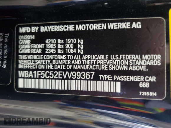 2014 BMW 2 Series 228i with VIN WBA1F5C52EVV99367, listed as a Copart auction lot 57465805 with 113,208 mi miles and Salvage title. Bid and sale history available at DreamBid. Image 12.