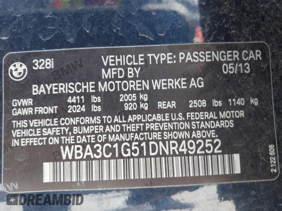 2013 BMW 3 Series 328i with VIN WBA3C1G51DNR49252, listed as a IAAI auction lot 42322739 with 119,421 mi miles and . Bid and sale history available at DreamBid. Image 9.
