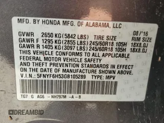 2016 Honda Pilot EX-L z VIN 5FNYF6H53GB105289, wystawiony jako Copart lot #52939575 z przebiegiem Nie podano mil oraz Szkoda całkowita • Salvage title. Historia ofert i sprzedaży dostępna na DreamBid. Obrazek 14.