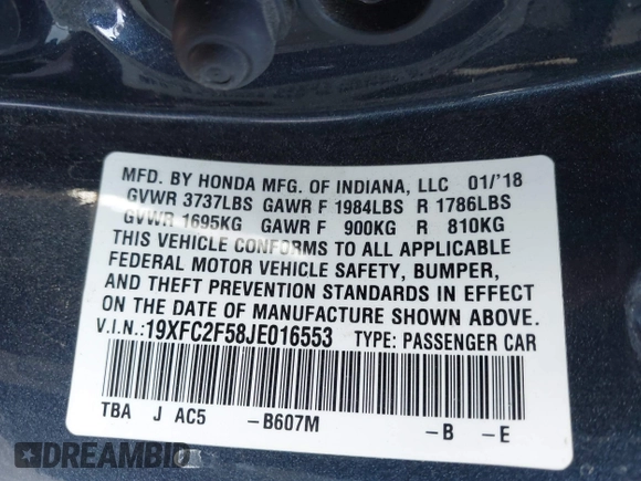 2018 Honda Civic Sedan LX with VIN 19XFC2F58JE016553, listed as a IAAI auction lot 41889434 with 92,045 mi miles. Bid and sale history available at carsss.com. Image 9.