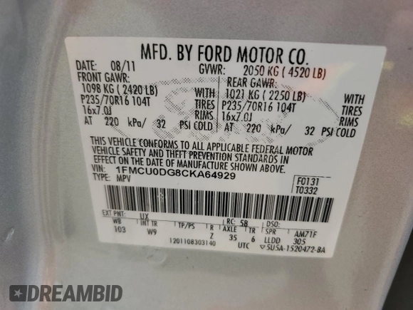2012 Ford Escape XLT with VIN 1FMCU0DG8CKA64929, listed as a Copart auction lot 54632595 with Not provided miles and Salvage title. Bid and sale history available at DreamBid. Image 13.