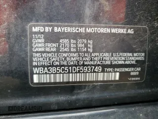 2013 BMW 3 Series 328i xDrive with VIN WBA3B5C51DF593749, listed as a Copart auction lot 60073825 with 96,017 mi miles and Salvage title. Bid and sale history available at DreamBid. Image 12.