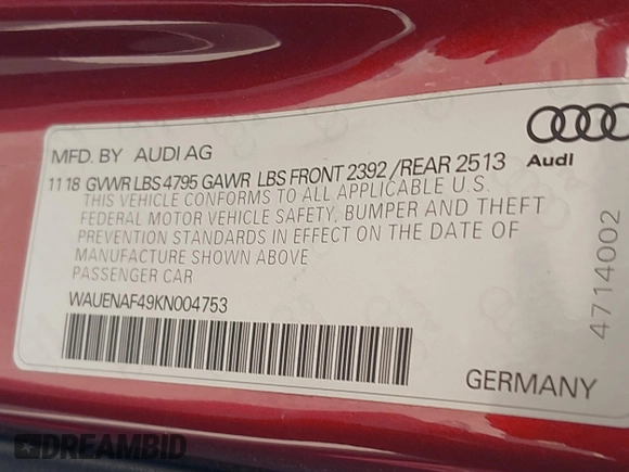 2019 Audi A4 Premium Plus z VIN WAUENAF49KN004753, wystawiony jako IAAI lot #42012315 z przebiegiem 105 208 mil mil oraz . Historia ofert i sprzedaży dostępna na DreamBid. Obrazek 9.