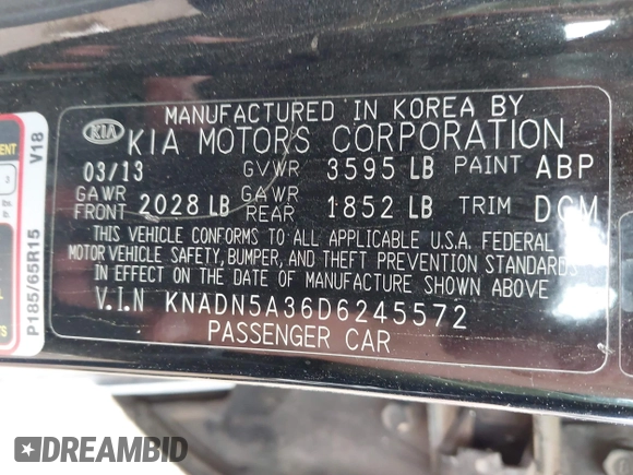 2013 Kia Rio SX with VIN KNADN5A36D6245572, listed as a IAAI auction lot 42182188 with 205,142 mi miles and . Bid and sale history available at DreamBid. Image 9.